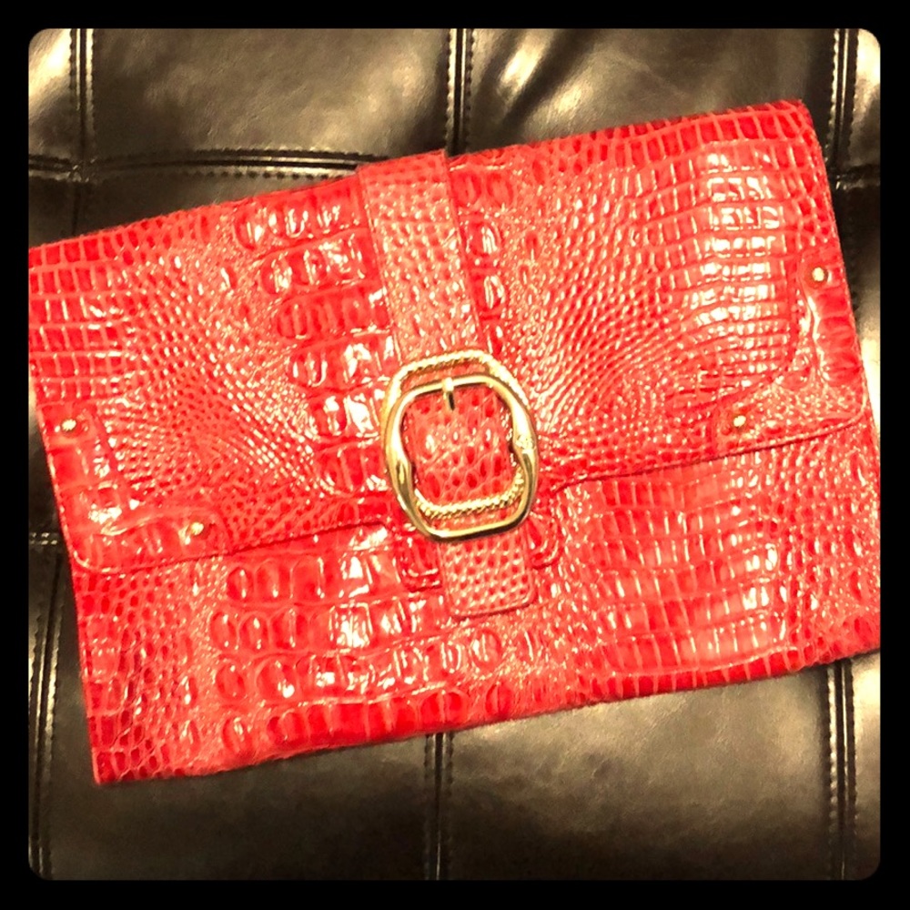 Jessica Simpson red faux crocodile clutch
